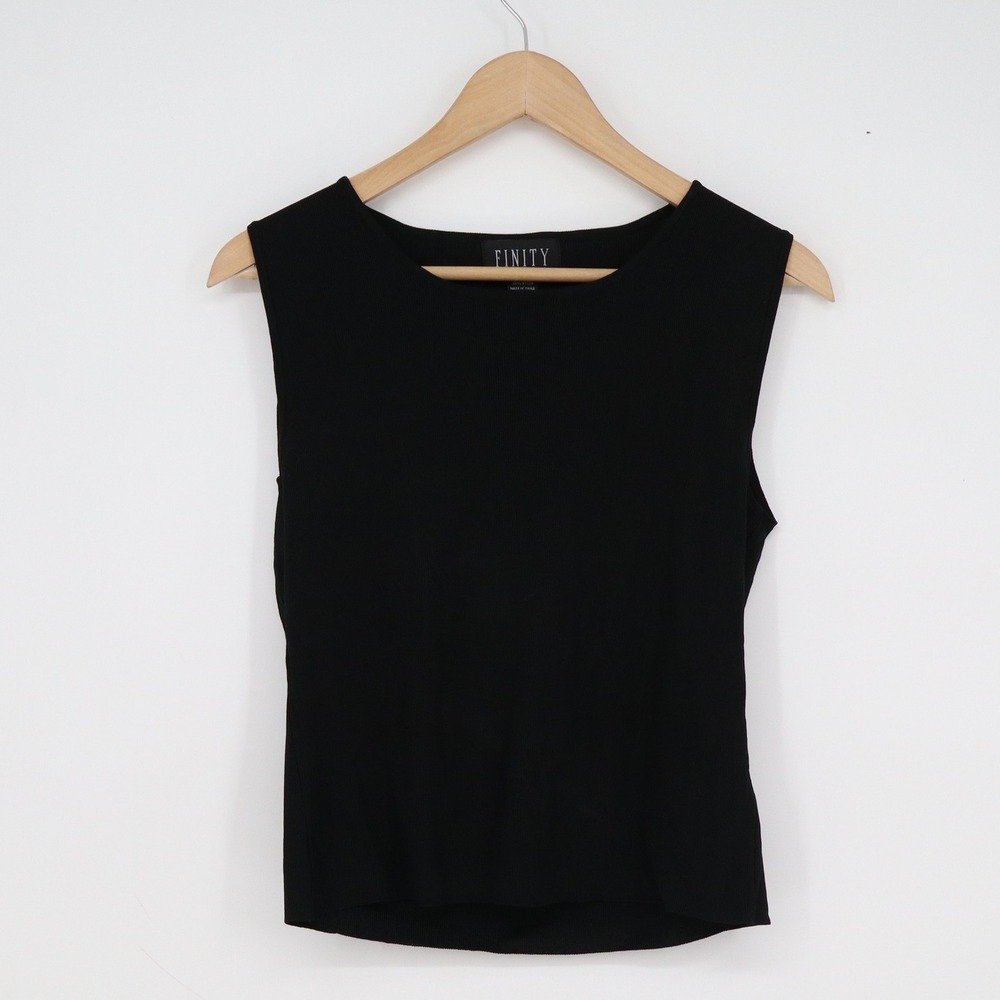 Finity Black Sleeveless Ribbed Knit Top Round Neck Rayon Blend Size L